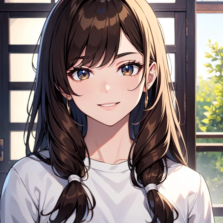masterpiece, best quality, ultra detailed, highres,8k,BREAK,20 years old,girl,brown hair ,face focus, smile,
