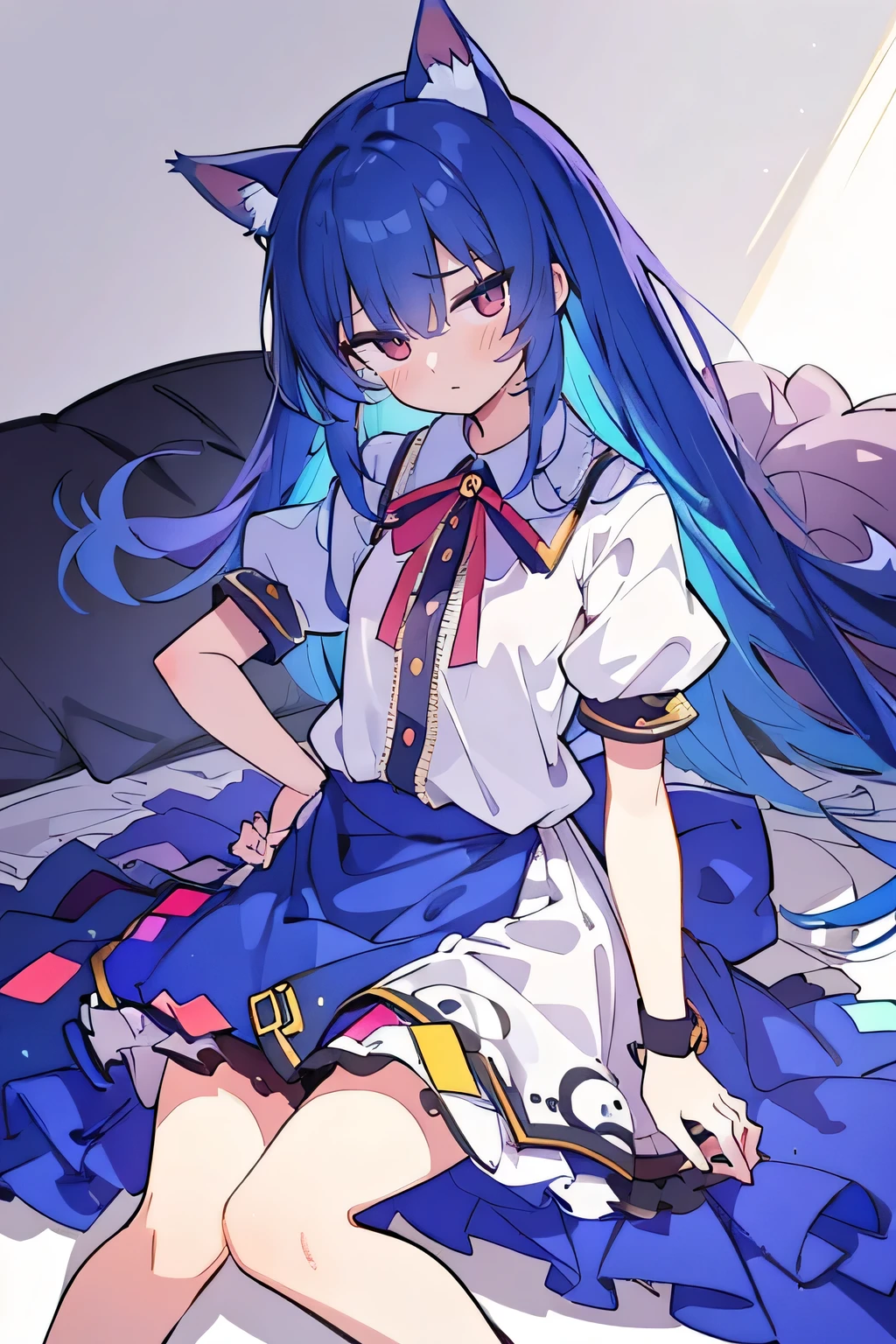(Masterpiece), best quality, expressive eyes, perfect face, 1girl,
Put your hands on your waist, fair, gorgeous, Japanese comics, girl, Lola, young angel, blue hair, blue hair, flowing clothes, hug the waist, hug the waist, hands on hips, hands on hips, lay down , lying on the ground, legs on the ground, flat chest, cat ears
