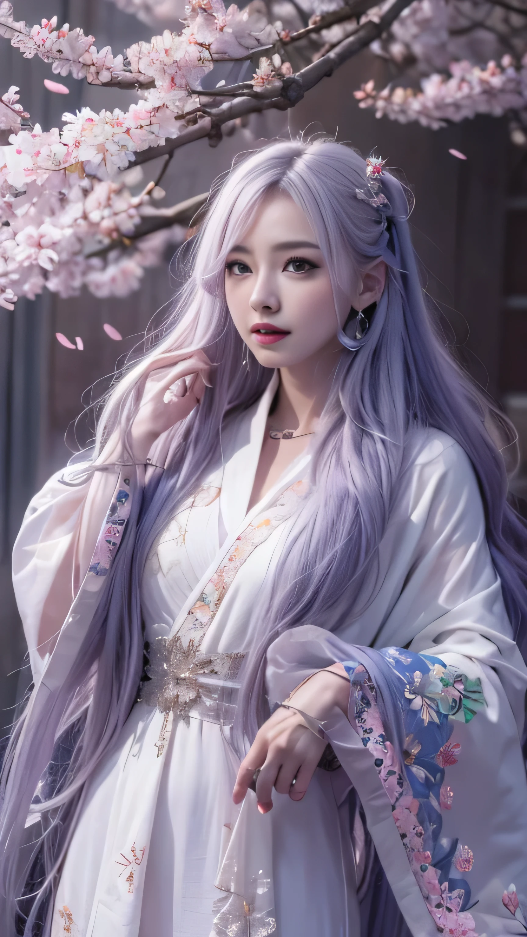 masterpiece, 8K, table top, Raw photo, wonderful, 最high quality, Photorealistic and hvery detailed CG integrated 8K wallpaper, high quality, very detailed, Narrative poem, particle effects, dynamic effects, Depth of written boundary, cinematic light, Lens flare, ray tracing, anatomically accurate, fantasy, 1 beautiful woman, ((lilac hair)), clear eyes, long hair, beautiful face, real face, Dense and beautiful eyes, beautiful skin, dancing woman, Gracefully dancing woman, long hairが風でなびく, long hairが跳ねる, long hairが風で舞い上がる, hair bounces, jewelry, beautiful eyes, (Translucent white robe)、(pink feather robe、Layering) White cherry blossom embroidery pattern, silver earrings,, hair color is light purple、(milky way galaxy)、