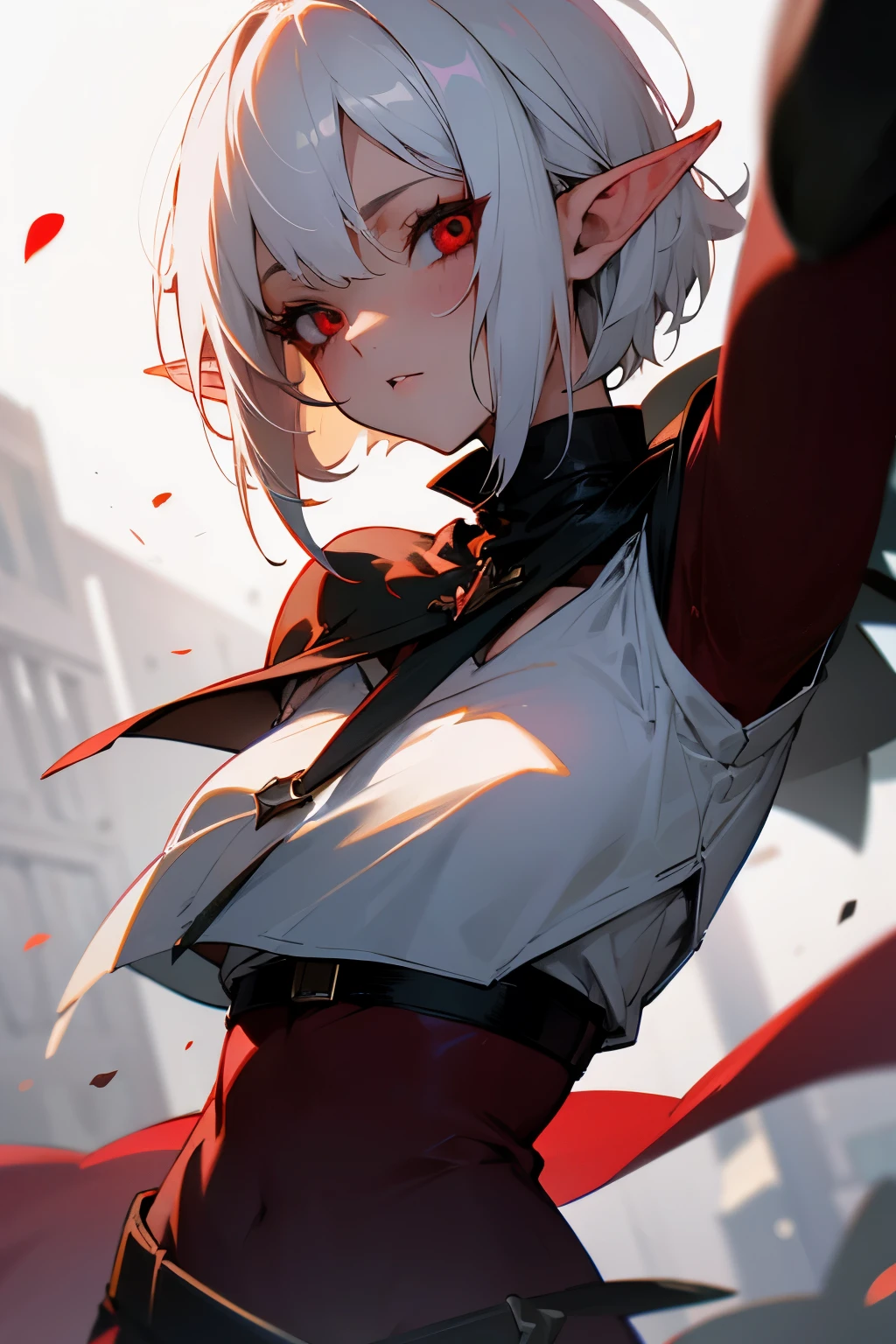 Girl, short white hair, red eyes, elf ears