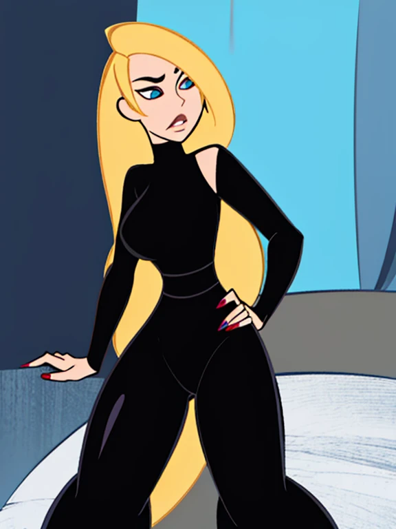 Beautiful, masterpiece, Best quality, very detailed face, moonlight, young woman, perfect body, seductive, pomade, I look at the viewer, wide hips, Medium breasts, blonde,Long flowing hair, lip shape:ruby, (Body shape:Scales, ), see-through peignoir,Black peignoir, young woman horny, full length, lying on the side, Sexy, Bedroom.