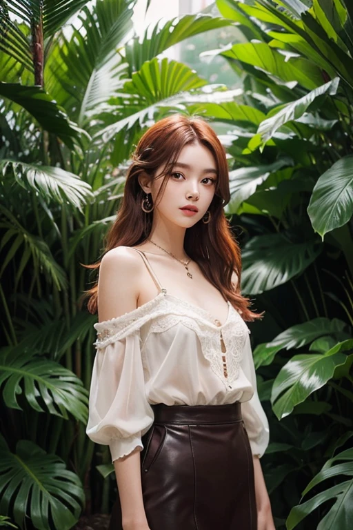 In 8k resolution, capture a 20-years-old woman with delicate facial features, cute yet detailed makeup, and long, disheveled dark red hair. Adorned in modern women's clothing with luxurious accessories, she stands tall amidst tropical trees, exuding confidence and joy. Professional lighting enhances the scene's elegance, with strong color contrasts adding nobility and allure. A super-quality camera captures her in a dynamic, mysterious fashion, embodying artistry and trend-setting.