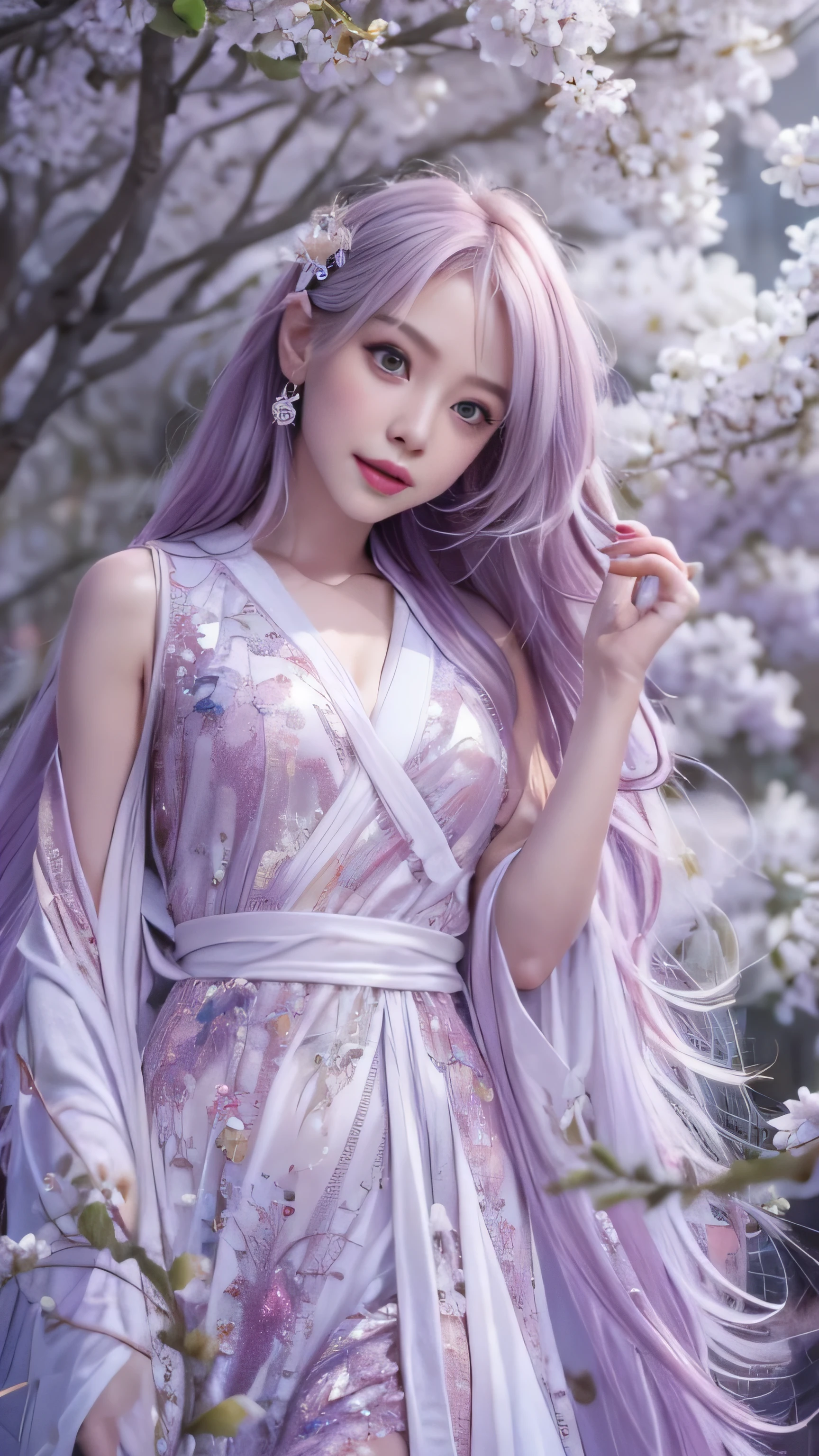  masterpiece, 8K, table top, Raw photo, wonderful, 最high quality, Photorealistic and hvery detailed CG integrated 8K wallpaper, high quality, very detailed, Narrative poem, particle effects, dynamic effects, Depth of written boundary, cinematic light, Lens flare, ray tracing, anatomically accurate, fantasy, 1 beautiful woman, ((lilac hair)), clear eyes, long hair, beautiful face, real face, Dense and beautiful eyes, beautiful skin, dancing woman, Gracefully dancing woman, long hairが風でなびく, long hairが跳ねる, long hairが風で舞い上がる, hair bounces, jewelry, beautiful eyes, （Translucent white robe）、（pink feather robe、Layering）  White cherry blossom embroidery pattern, silver earrings,, hair color is light purple、（milky way galaxy）、