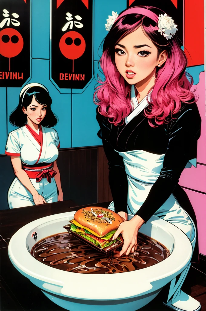Adorable, demure Japanese girl in bathroom, using Asian squat toilet, fast food, spilt sauces, sour cream, chocolate syrup, old Japanese porn aesthetic, by Michael Kaluta, By Brian Bolland, by Jim Steranko, Euro-Fumetti style, 1960s retro aesthetic, vivid lurid technicolor tones, Lomography effect, Best Quality HD, 8x, intricately detailed, vintage erotic art style, vivid colors