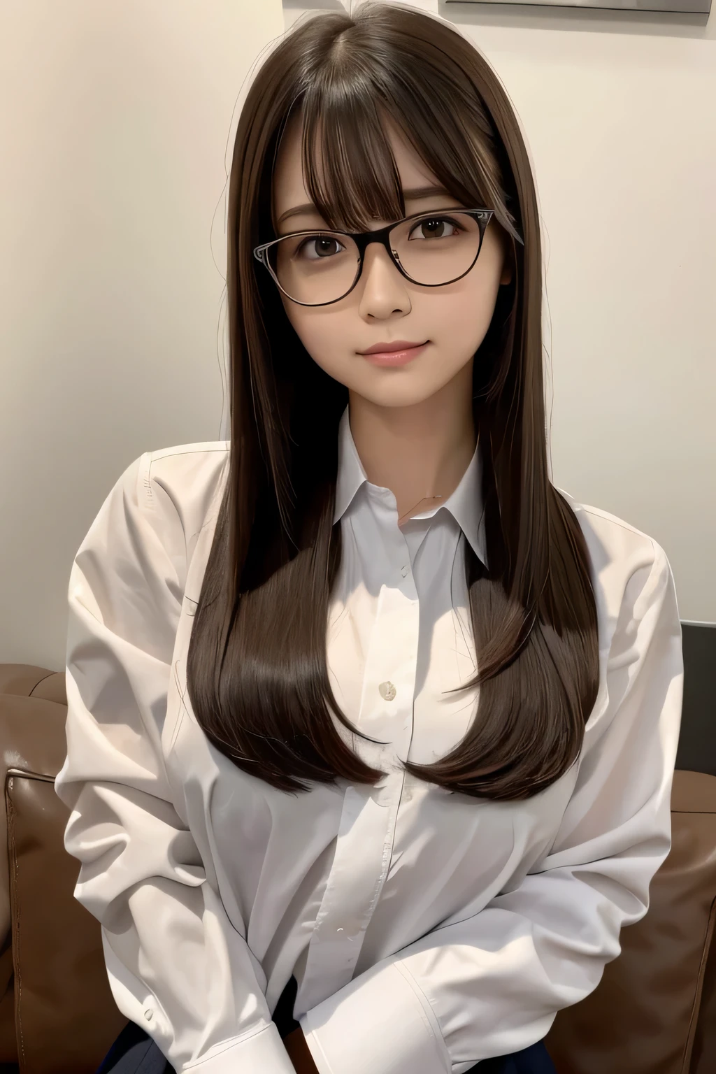 1 girl, beautiful, cute, professional lighting, highest quality,well-groomed face,(dress shirt:1.5),long hair, clear, beautiful,glasses