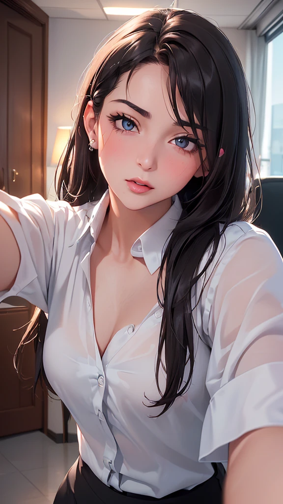 realistic, girl, selfie, face sitting on extra large zoom bed, face enhancement, smile, look up, look here, cleavage enhancement