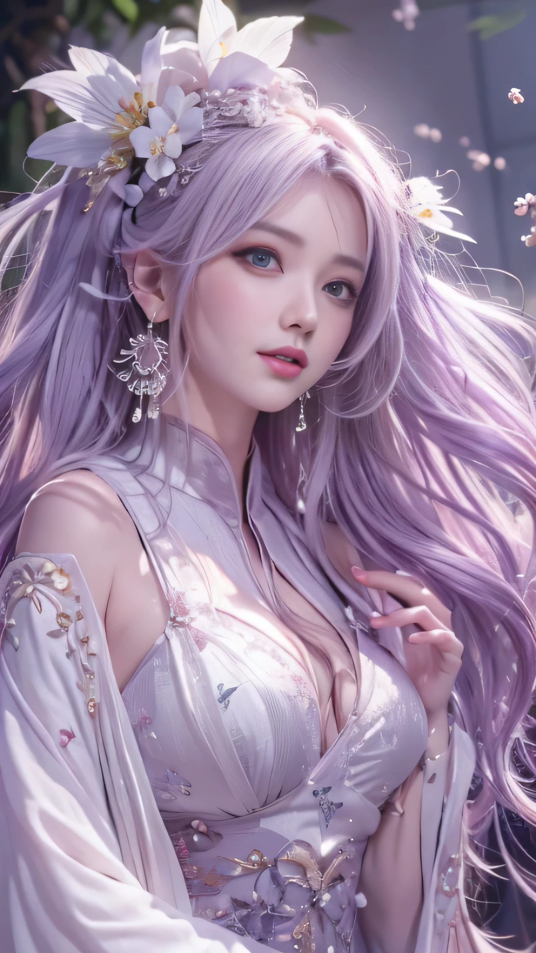  masterpiece, 8K, table top, Raw photo, wonderful, 最high quality, Photorealistic and hvery detailed CG integrated 8K wallpaper, high quality, very detailed, Narrative poem, particle effects, dynamic effects, Depth of written boundary, cinematic light, Lens flare, ray tracing, anatomically accurate, fantasy, 1 beautiful woman, ((lilac hair)), clear eyes, long hair, beautiful face, real face, Dense and beautiful eyes, beautiful skin, dancing woman, Gracefully dancing woman, long hairが風でなびく, long hairが跳ねる, long hairが風で舞い上がる, hair bounces, jewelry, beautiful eyes, （Translucent white robe）、（pink feather robe、Layering）  White cherry blossom embroidery pattern, silver earrings,, hair color is light purple、（milky way galaxy）、