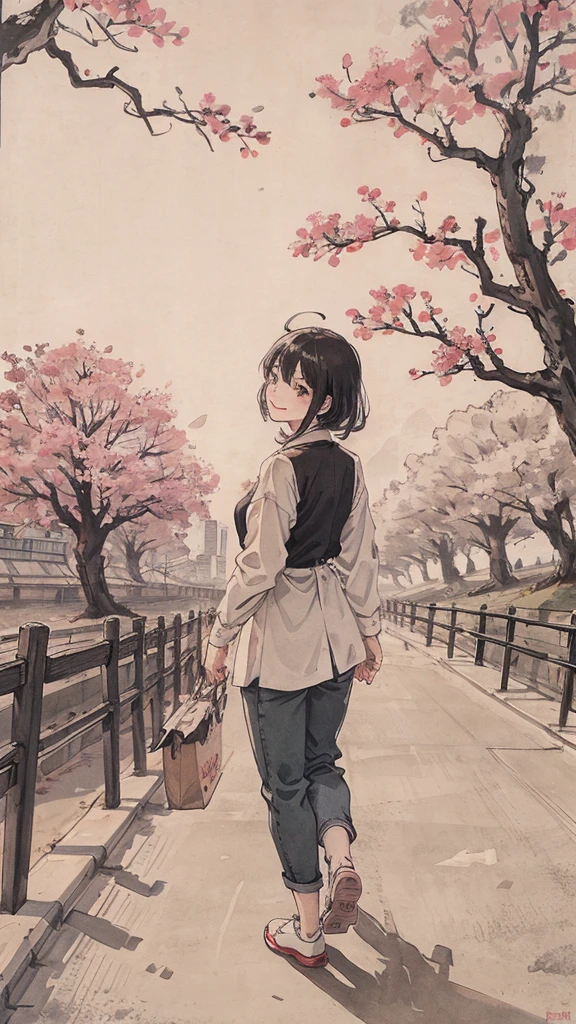 (1:1)1 female,Standing in the city,the sky is clear、The wind is blowing,Cherry blossom trees,black hair,smile,walk on the road,cityscape,small person,back view