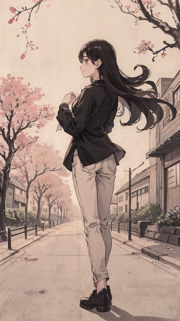 （1:1）1 female,Standing in the city,the sky is clear、The wind is blowing,Cherry blossom trees,black hair,smile,walk on the road,cityscape,small person,back view