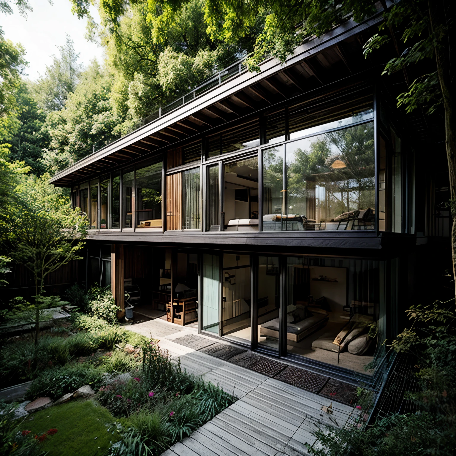 House under the overpass、There are a lot of cats、balcony、glass、Underpass、beautiful house、overgrown with plants、line