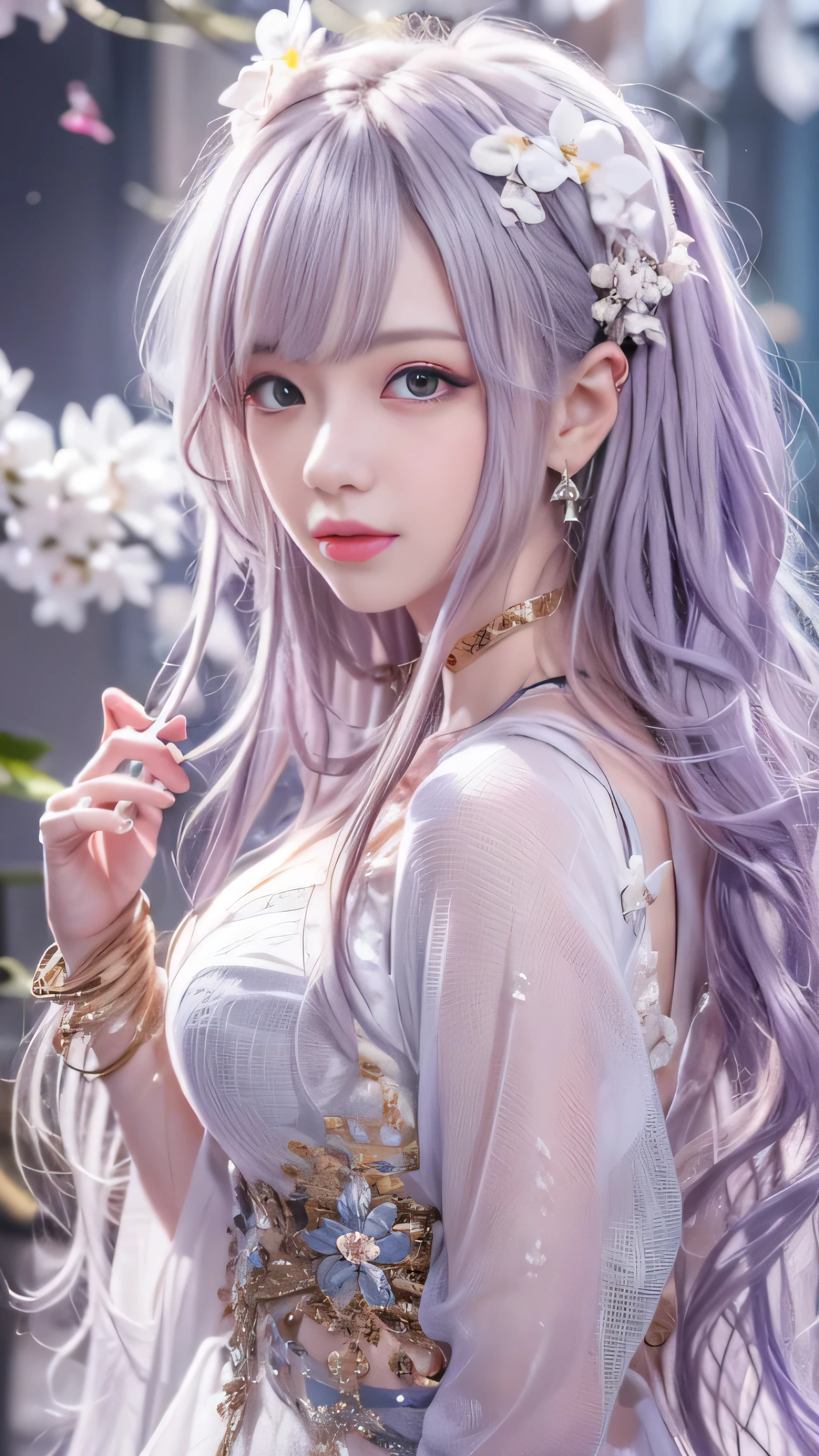 masterpiece, 8K, table top, Raw photo, wonderful, 最high quality, Photorealistic and hvery detailed CG integrated 8K wallpaper, high quality, very detailed, Narrative poem, particle effects, dynamic effects, Depth of written boundary, cinematic light, Lens flare, ray tracing, anatomically accurate, fantasy, 1 beautiful woman, ((lilac hair)), clear eyes, long hair, beautiful face, real face, Dense and beautiful eyes, beautiful skin, dancing woman, Gracefully dancing woman, long hairが風でなびく, long hairが跳ねる, long hairが風で舞い上がる, hair bounces, jewelry, beautiful eyes, (Translucent white robe)、(pink feather robe、Layering) White cherry blossom embroidery pattern, silver earrings,, hair color is light purple、(milky way galaxy)、