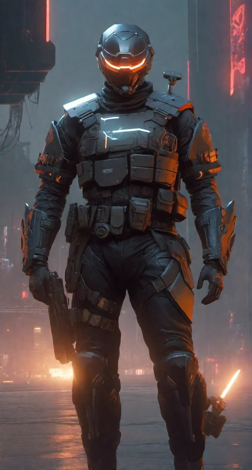 a man in a helmet dressed in tactical armor, With a black cape, three throwing knives holstered on his arm, Pistol holstered on his leg(Best quality, 4k, Masterpiece :1.3), Cyberpunk, Background, Sci-fi landscape, (Black cape)