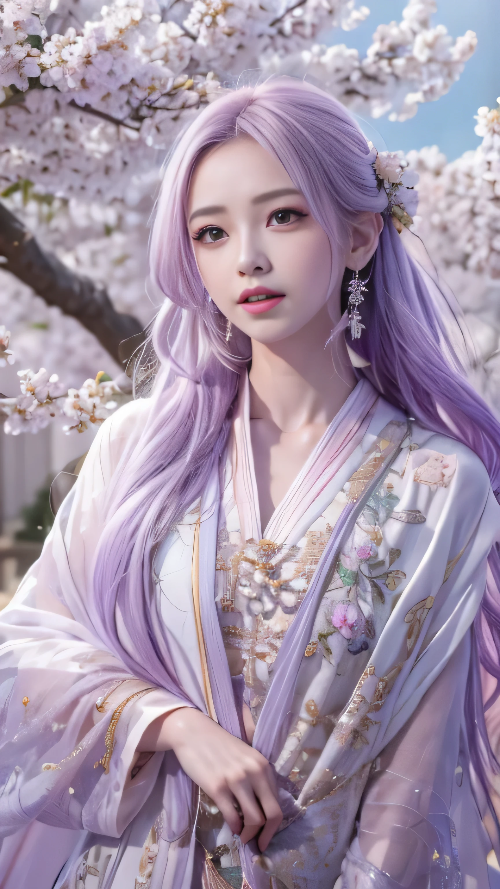 masterpiece, 8K, table top, Raw photo, wonderful, 最high quality, Photorealistic and hvery detailed CG integrated 8K wallpaper, high quality, very detailed, Narrative poem, particle effects, dynamic effects, Depth of written boundary, cinematic light, Lens flare, ray tracing, anatomically accurate, fantasy, 1 beautiful woman, ((lilac hair)), clear eyes, long hair, beautiful face, real face, Dense and beautiful eyes, beautiful skin, dancing woman, Gracefully dancing woman, long hairが風でなびく, long hairが跳ねる, long hairが風で舞い上がる, hair bounces, beautiful eyes, (Translucent white robe)、(pink feather robe、Layering) White cherry blossom embroidery pattern, silver earrings,, hair color is light purple、(milky way galaxy)、