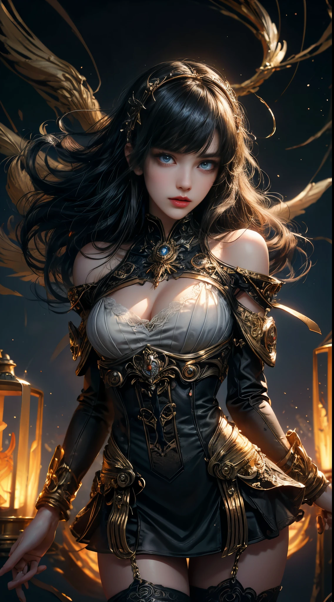 Wizard girl. Very pretty 14 years old,
(((masterpiece, best quality, raw photo, photorealistic, depth of field, ultra detailed, detailed face, very precise eyes))), Dynamic Action Pose, Invoke Magic, Mechanical Magic Weapons,  very slender long legs, lace stockings on the knee, steampunk headgear, fluttering lace flared mini skirt, off-shoulder fashion with a fusion of detailed and intricate steampunk and detailed gothic lolita, (((Very slender body, long, thin limbs))), upward and beautiful small breasts, (((Thick bangs))), (((princess cut))), Clean long Black hair, long vertical curly hair, wind driven, futuristic complex steampunk factory background, infinite dark universe, flying celestial bodies, countless celestial neon lights raining down from the heavens, cinematic lighting decoration.