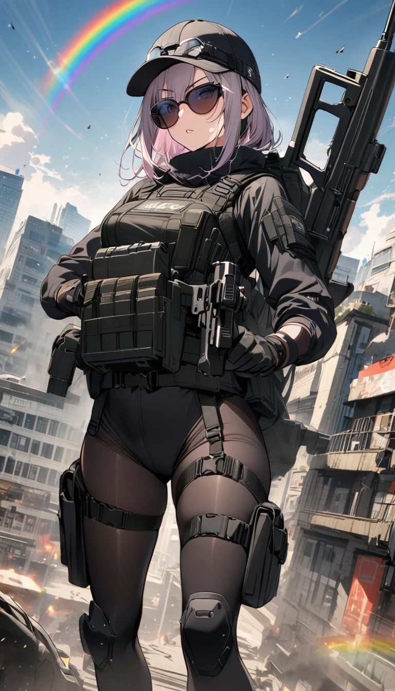 Rainbow Six
Eliza Cohen(ash)
black cap
Big
grenade launcher
black tights
black body armor
sunglasses
full-body shot
city
