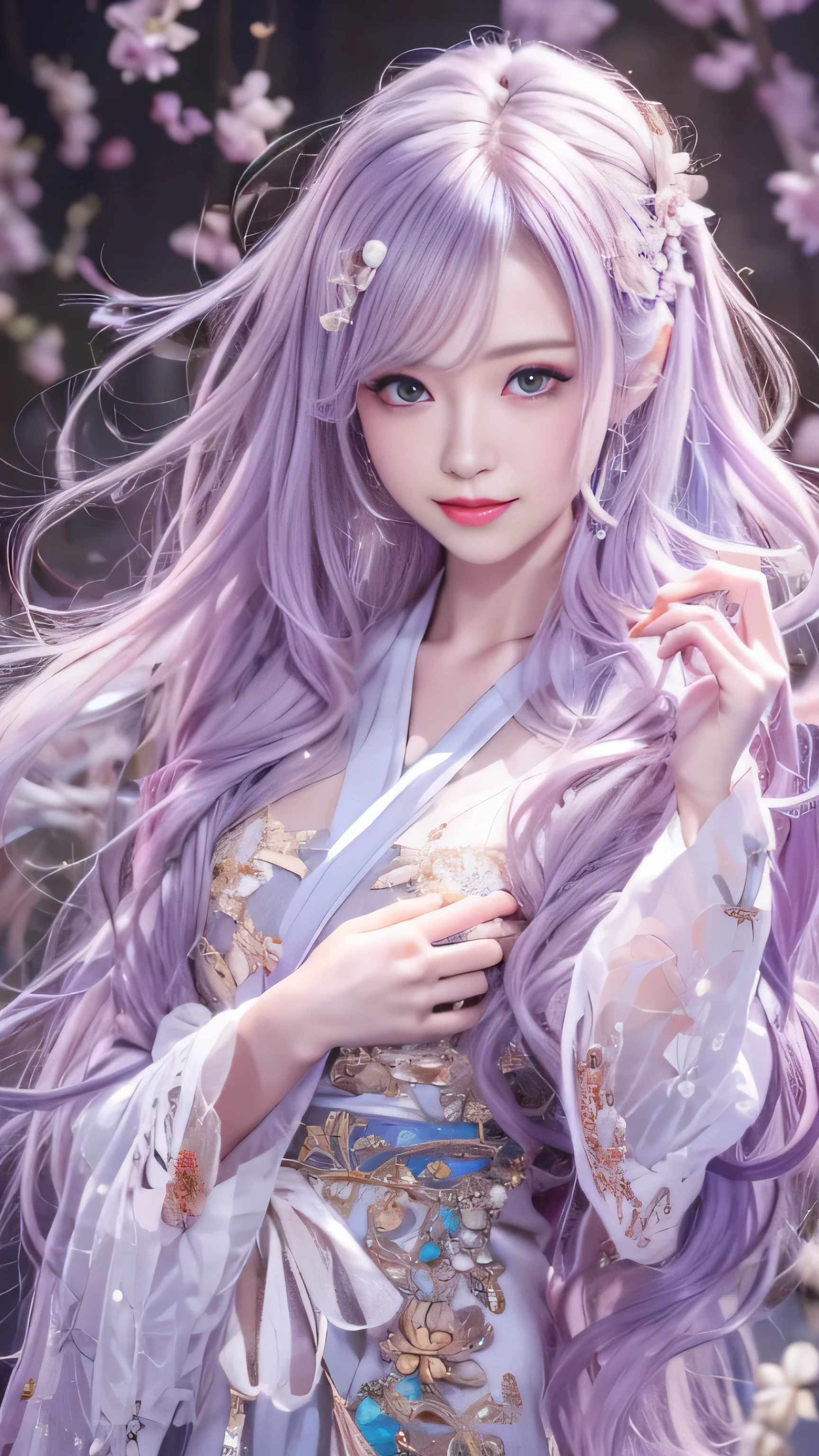 masterpiece, 8K, table top, Raw photo, wonderful, 最high quality, Photorealistic and hvery detailed CG integrated 8K wallpaper, high quality, very detailed, Narrative poem, particle effects, dynamic effects, Depth of written boundary, cinematic light, Lens flare, ray tracing, anatomically accurate, fantasy, 1 beautiful woman, ((lilac hair)), clear eyes, long hair, beautiful face, real face, Dense and beautiful eyes, beautiful skin, dancing woman, Gracefully dancing woman, long hairが風でなびく, long hairが跳ねる, long hairが風で舞い上がる, hair bounces, beautiful eyes, (Translucent white robe)、(pink feather robe、Layering) White cherry blossom embroidery pattern, silver earrings,, hair color is light purple、(milky way galaxy)、