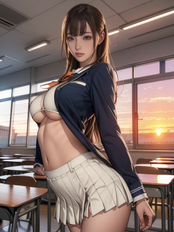 (8k,Photorealistic, masutepiece, Best Quality, Raw photo:1.3)、1girl in, 18years old,Solo,school girl, Long hair, Brown hair, Detailed beautiful face, alluring face, (Detailed beautiful brown eyes:1.2), medium breasts,(underboob:1.3),(coverd nipples:1.1),(loos sailer uniform :1.35), ( Perfect body skinny beauty: 1.4),( temptation Pose:1.3), (Looking at Viewer, front view,eyes focus:1.2), Detailed background, (sunset:1.2), classroom,fine detailed, intricate detailes, Ray tracing, depth of fields, seductive smile,classroom,