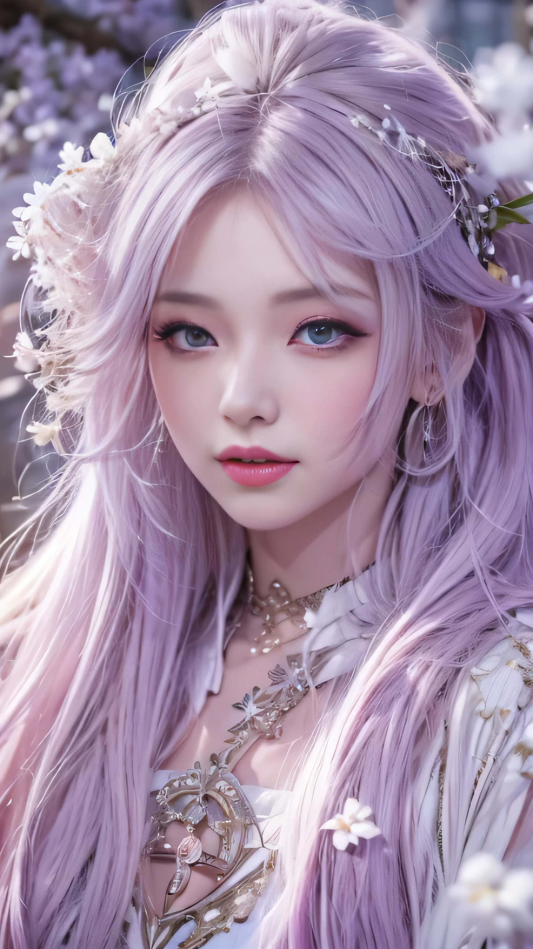  masterpiece, 8K, table top, Raw photo, wonderful, 最high quality, Photorealistic and hvery detailed CG integrated 8K wallpaper, high quality, very detailed, Narrative poem, particle effects, dynamic effects, Depth of written boundary, cinematic light, Lens flare, ray tracing, anatomically accurate, fantasy, 1 beautiful woman, ((lilac hair)), clear eyes, long hair, beautiful face, real face, Dense and beautiful eyes, beautiful skin, dancing woman, Gracefully dancing woman, long hairが風でなびく, long hairが跳ねる, long hairが風で舞い上がる, hair bounces, jewelry, beautiful eyes, （Translucent white robe）、（pink feather robe、Layering）  White cherry blossom embroidery pattern, silver earrings,, hair color is light purple、（milky way galaxy）、