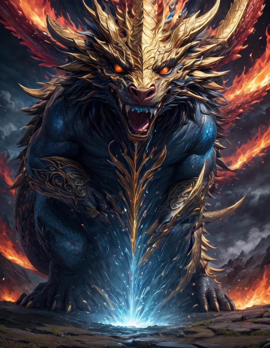 (highest quality、masterpiece、High resolution、detailed)、Anime-style illustration of a massive dragon emitting powerful energy. The dragon has strong red and black scales and is releasing a vivid stream of blue and white energy from its mouth.{ ((The dragon has golden scales:1.9))、(Four large horns on the head:1.8)},Its posture is fierce, and its eyes radiate intense passion. The background features tumultuous clouds and swirling lightning, emphasizing the might of the dragon's energy.、The overall scene creates an impactful composition that conveys the roar of the dragon and the raw power it unleashes, leaving a strong impression on the viewer.(4 legs:1.8、Sharp dragon claws:1.6)
