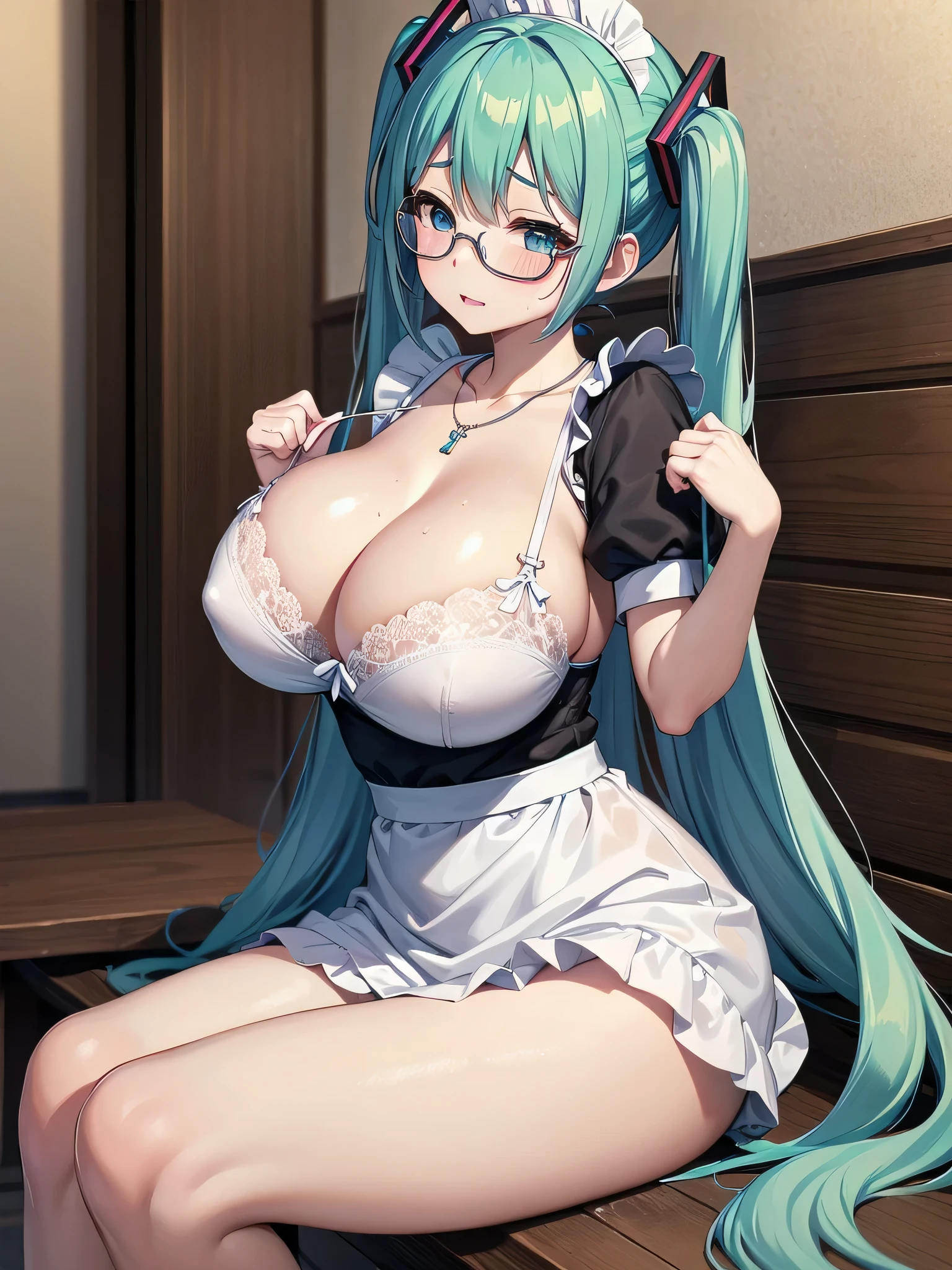 Hatsune Miku、round glasses、gem、maid、opaque glasses、necklace、frills、long skirt、apron、Crosaid headdress、crossnecklace、puffy short sleeve、one girl、solo、Expression of feeling、blush、sit with your legs apart、clothes get wet、Clothes are transparent、spread legs、pussy、Thick white love juice、Drip a large amount of love juice、orgasm、、Kindergarten children、、、、 of、masturbation、press your chest together、touch pussy、masturbation behavior、(huge breasts:1.4)、lace bra、Angle from the side