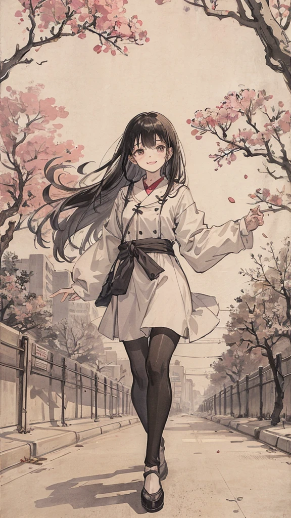 （1:1）1 female,Standing in the city,the sky is clear、The wind is blowing,Cherry tree,black hair,smile,Walking on the road