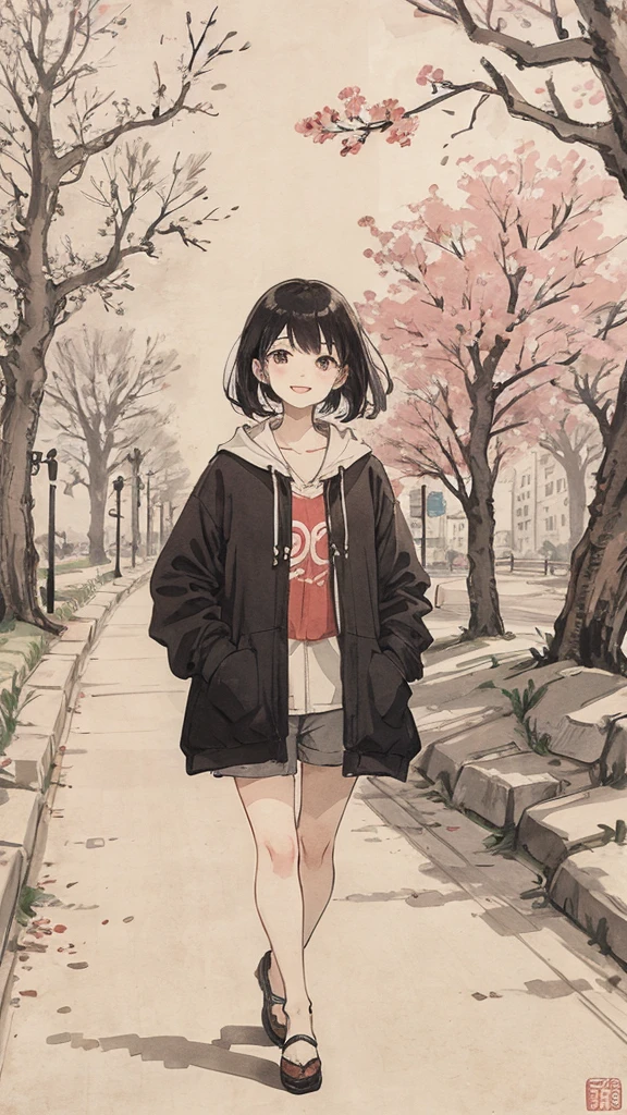 （1:1）1 female,Standing in the city,the sky is clear、The wind is blowing,Cherry tree,black hair,smile,Walking on the road
