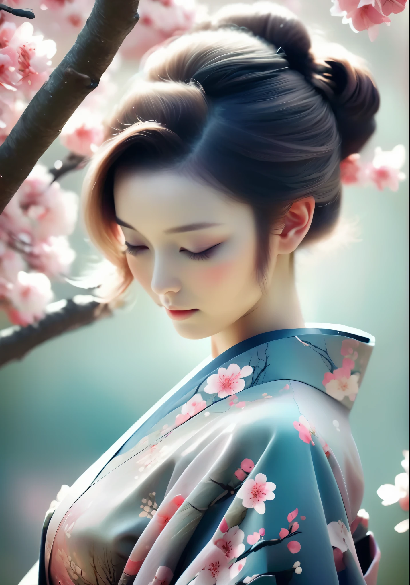 A beautiful woman in a kimono decorated with Japanese cherry blossoms stands like a beautiful model。、Holding a small cat in his arms,,whole body,Butterflies dance,Cherry blossoms with a valley in the background、beautiful digital illustrations, Beautiful artwork illustration, amazing digital illustrations, beautiful digital artwork, Works that influenced Anna Dittmann, amazing digital art, exquisite digital illustration, In the style of Anna Dittmann, beautiful digital art, beautiful amazing digital art, very beautiful digital art, beautiful fantasy art