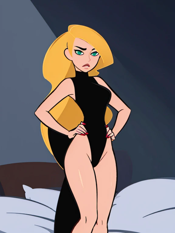 Beautiful, masterpiece, Best quality, very detailed face, moonlight, young woman, perfect body, seductive, pomade, I look at the viewer, wide hips, Medium breasts, blonde,Long flowing hair, lip shape:ruby, (Body shape:Scales, ), see-through peignoir,Black peignoir, young woman horny, full length, lying on the side, Sexy, Bedroom.