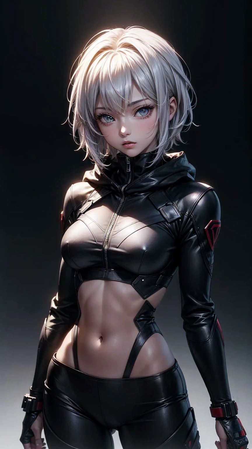 (Highly detailed CG unit 8k wallpaper, masterpiece, High resolution, highest quality, natural skin texture), ((20 year old woman, Composition from head to abdomen:1.5, upper body focus:1.5)), Hands in pockets pose:1.5, detailed eyes, gradient eyes, hooded hoodie, Asymmetrical punk short hair:1.2, Ash gray hair color, anime style, hyper realistic, digital painting, concept art,