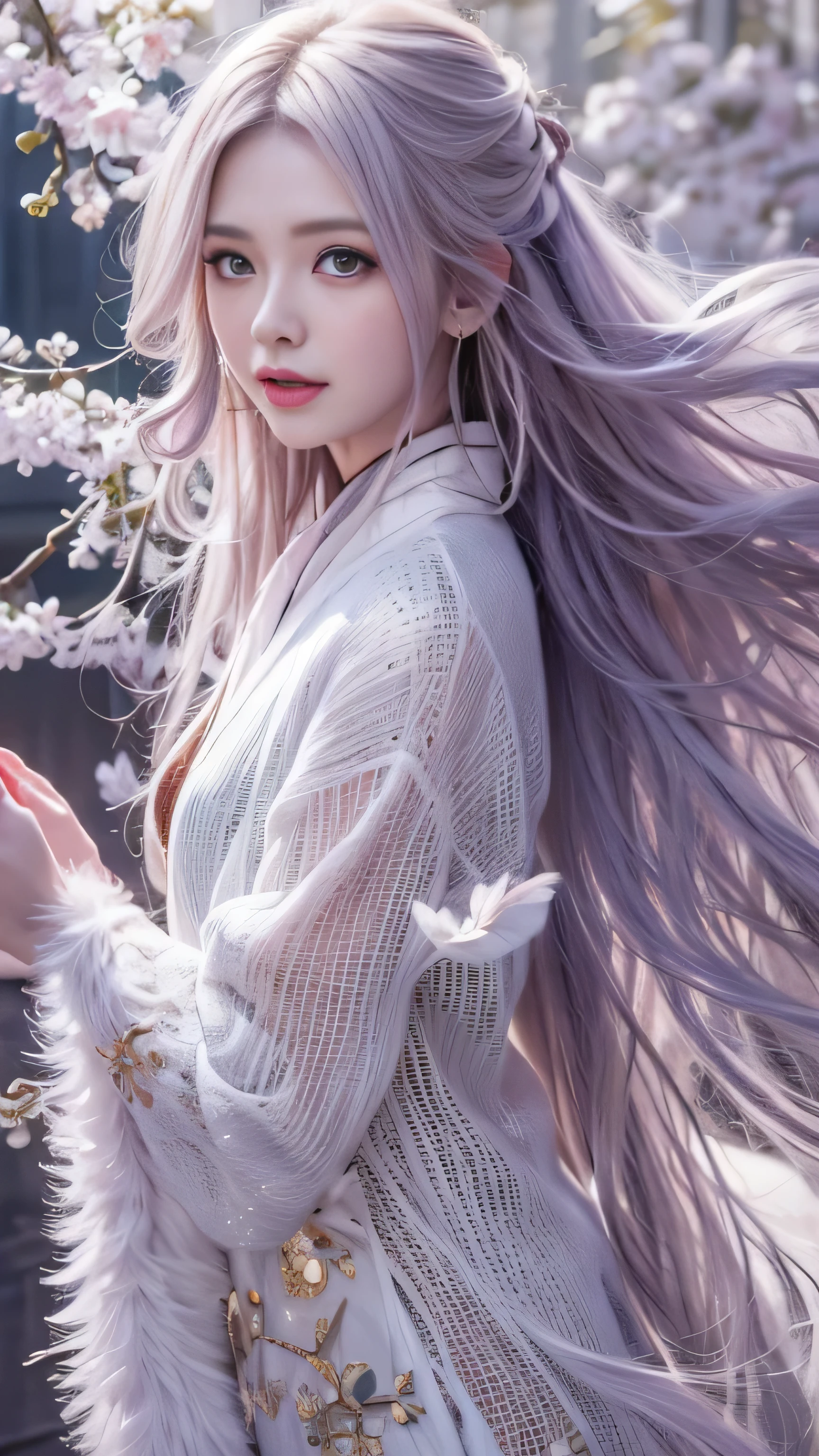  masterpiece, 8K, table top, Raw photo, wonderful, 最high quality, Photorealistic and hvery detailed CG integrated 8K wallpaper, high quality, very detailed, Narrative poem, particle effects, dynamic effects, Depth of written boundary, cinematic light, Lens flare, ray tracing, anatomically accurate, fantasy, 1 beautiful woman, ((lilac hair)), clear eyes, long hair, beautiful face, real face, Dense and beautiful eyes, beautiful skin, dancing woman, Gracefully dancing woman, long hairが風でなびく, long hairが跳ねる, long hairが風で舞い上がる, hair bounces, jewelry, beautiful eyes, （Translucent white robe）、（pink feather robe、Layering）  White cherry blossom embroidery pattern, silver earrings,, hair color is light purple、（milky way galaxy）、