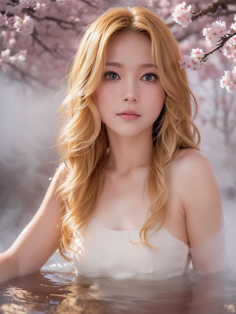 Absurdres, (best quality), (cute illustration:1.3), (high Saturation:1.2), detailed beautiful face and eyes, (appropriate configuration), (soaked in hot water up to their shoulders:1.3), from below, natural hot spring, (Cherry trees), (steam, fog:1.3), 18 years old, (blonde wavy long hair), (eyes highlight)