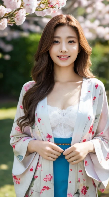 Cherry tree、Colorful kimono、open chest、I'm not wearing anything inside、full body shot、NiziUAYAKA、 4K、1people's women、slender、 Loose wavy styling 、seductive and attractive、Including face and skin texture.,detailed eyes、A soothing expression with a smile