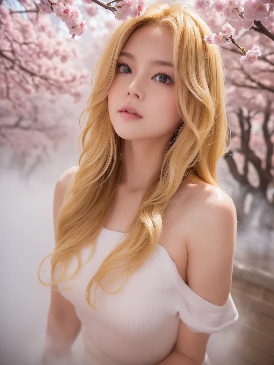 Highest quality, Realistic, Realistic, Very detailed, Very delicate and beautiful, RAW Photos, Korean Beauty，Korean beauties, Fine eyes and lips, Beautiful Hair, Blonde, Expression of joy, Surrounded by cherry blossom trees, Cute anime style, In a beautiful garden full of sunlight. アートワークはHighest qualityです, Very detailed機能とリアルな, Realistic touch. Vivid colors，The lighting creates a warm atmosphere, Dreamy atmosphere,((((Completely ?????)))),(((nsfw)))