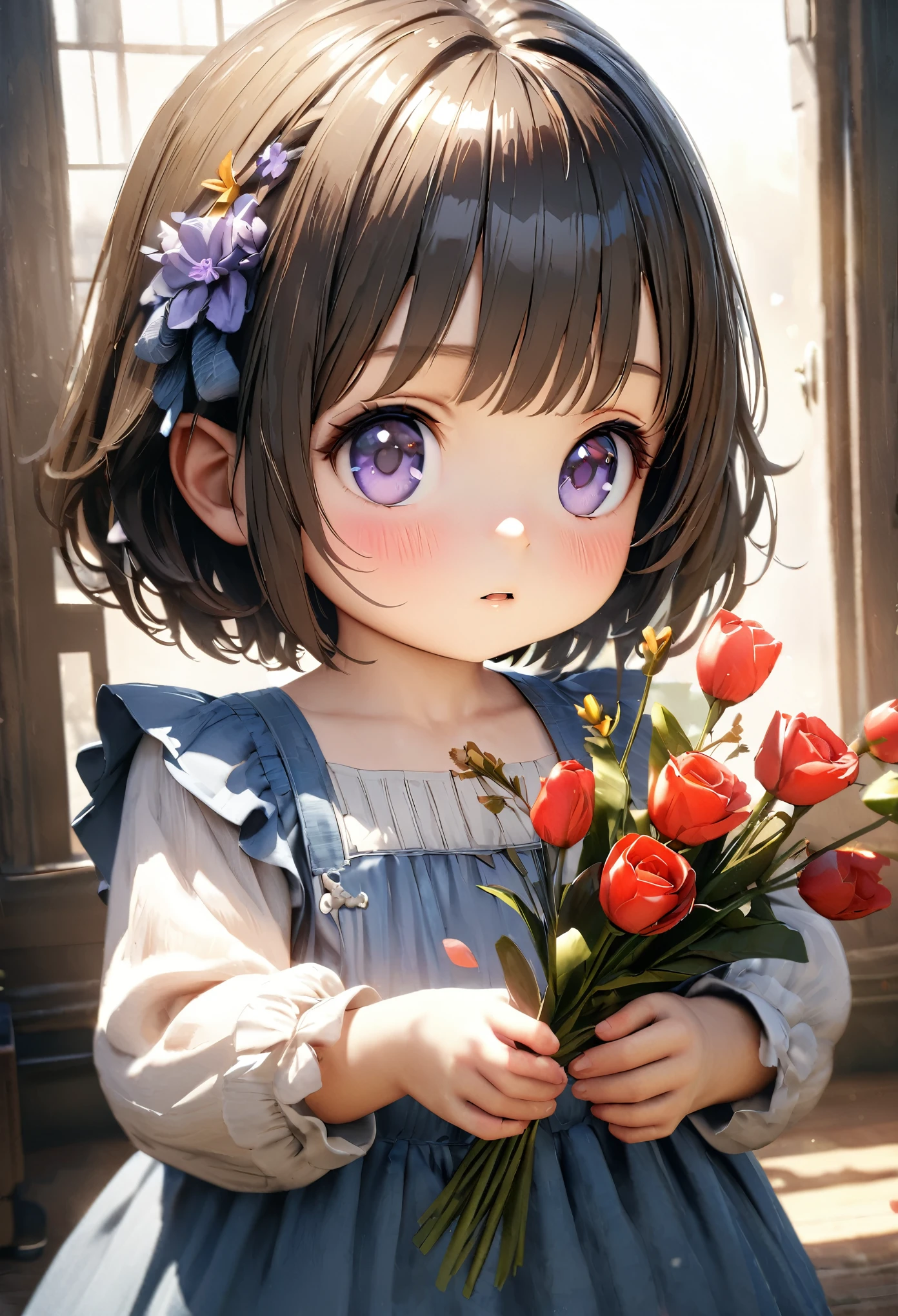 Masterpiece, Best Quality, Super Detailed, High Definition, Expensive Resolution, HDR, 4k, 8K, Unity 8k Wallpaper, Super Detailed CG, Masterpiece, Realistic, 2D, 3D, Beautiful Details, Depth, Fine Texture, Super Fine: 1.3, Fully Focused, Crispy.skin, .he, Very Cute Anime Girl About 3 Years Old, Expensive Silver Short Hair, One Girl About 3 Years Old, Alone, Pretty Blue Dress, Holding Flowers , looking at camera, expensive, blush, mole, parted lips, hair ornament, heart, purple eyes