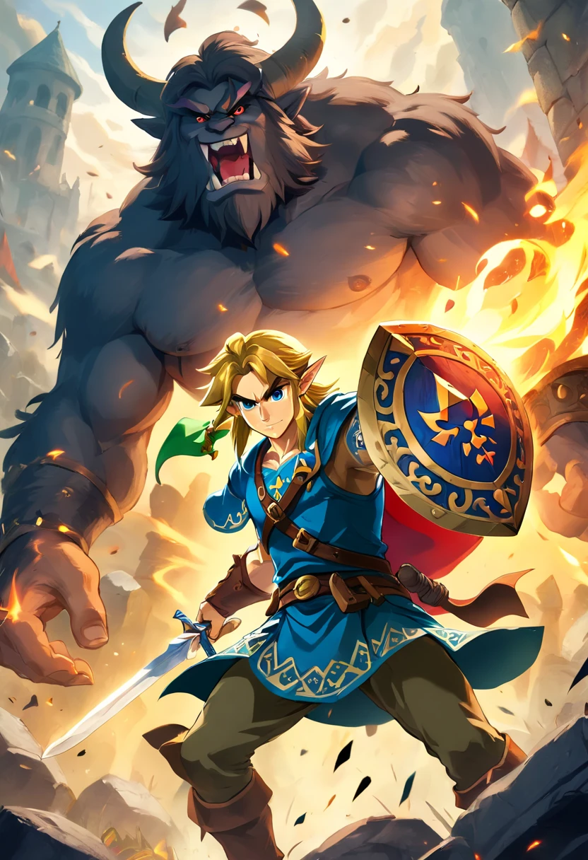 (best quality,4k,8k,highres,masterpiece:1.2),ultra-detailed,(realistic,photorealistic,photo-realistic:1.37),illustration,Vasilii the warrior,confident and focused expression,holding his enormous sword,battling a fierce monster or giant,great attention to Vasilii's eyes, detailed facial features, strikingly detailed armor,huge size contrast between Vasilii and the monster, intensifying the sense of danger,brave and heroic pose,foreground detailing of Vasilii's muscular build,meticulously rendered background depicting a dramatic battlefield with ruins and smoke,striking lighting effects illuminating Vasilii's face and the monster,Ancient epic fantasy theme,vivid and bold colors,evoking a sense of awe and excitement.