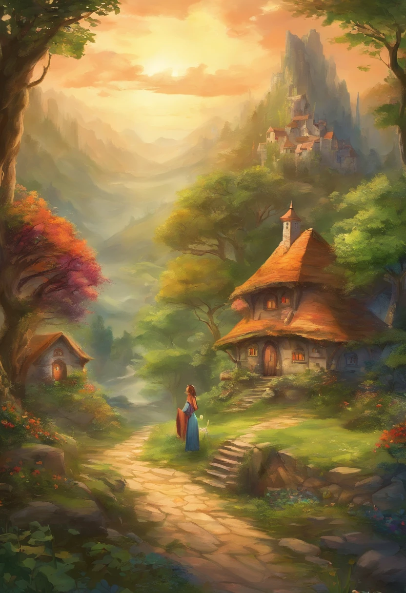 Peaceful and picturesque village, immersed in the greenery of a dense forest, with houses, surrounded by trees and mountains in the background.
A young couple can be shown in the center of the image, Leonard and Elizabeth, standing together next to the cradle, in which lies the baby - Lancelot.
Leonard may be depicted as a robust man with kind eyes and a wise expression., and Elizabeth is like a gentle and beautiful woman with brushes and a palette, depicting pictures of nature.