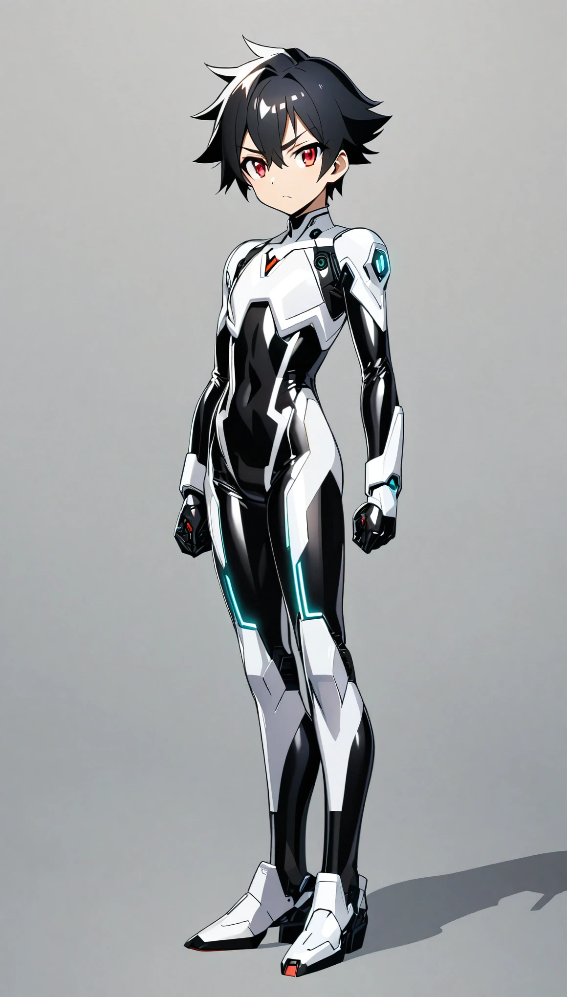 full body image, anime android robot boy, 1boy, shiny, skintight latex ((black and white)) sci-fi bodysuit, short black hair, red eyes, neutral expression, plain white background