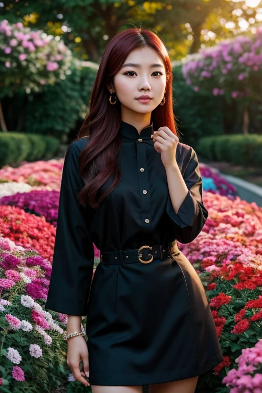 In 8k resolution, the image is captured of a 20-year-old Asian woman with delicate facial features, cute but detailed makeup, and long, smooth dark red hair. She wears modern clothes and luxurious accessories, she stands in the middle of colorful flower gardens, exuding confidence and joy. Professional lighting enhances the elegance of the scene, with strong color contrast adding elegance and charm. Professional cameras captured her image with a dynamic, mysterious style, expressing her artistry and creating trends. The photo has a comprehensive, relevant, refined focus.