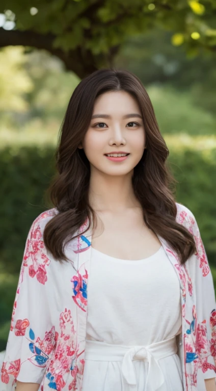 Cherry tree、Colorful kimono、open chest、I'm not wearing anything inside、full body shot、NiziUAYAKA、 4K、1people's women、slender、 Loose wavy styling 、seductive and attractive、Including face and skin texture.,detailed eyes、A soothing expression with a smile