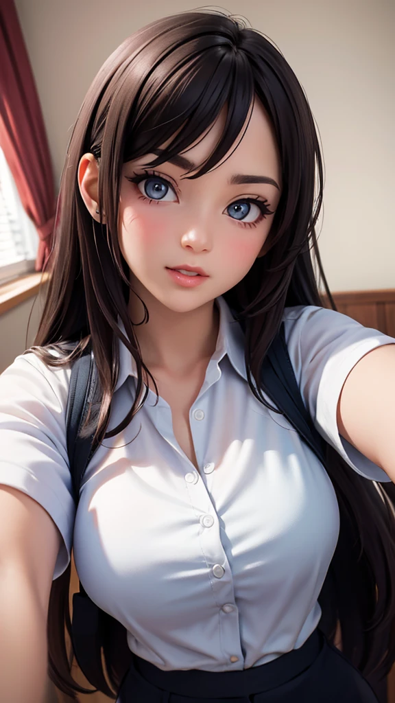 (high quality, High resolution, fine details, actual), ((((A seductive expression)))), ((((Take a two-handed selfie)))), rely on, Forward tilt, ((((Kiss me)))), ((((Kiss me)))), ((((Kiss me)))), ((((Kiss me)))), ((((Kiss me)))), alone, miss, ((Female office worker)), Bright Eyes, (exquisite eyes), heart shaped eyes, blush, Shallow depth of field