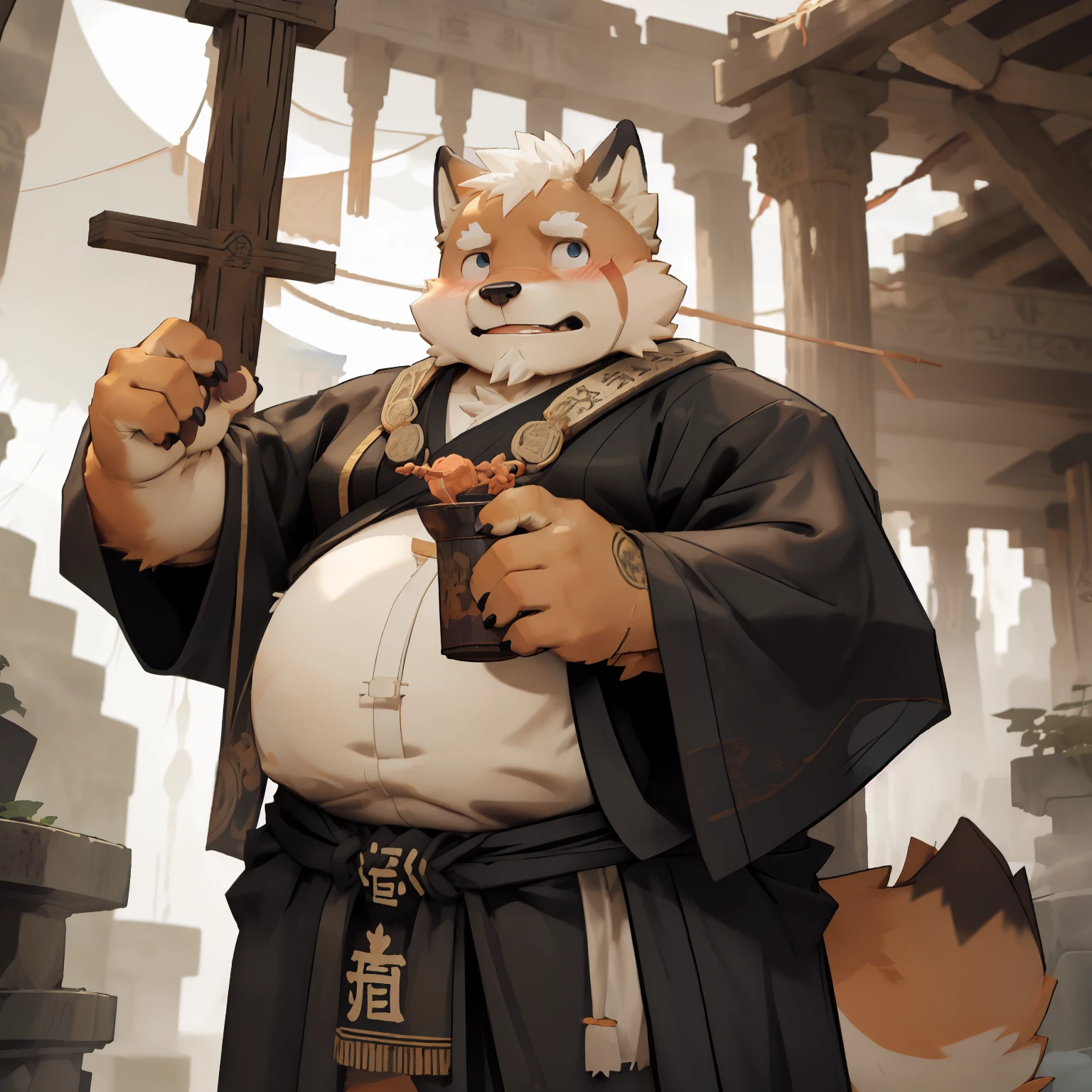 New Jersey 5 Hairy, fox,Full body portrait of an individual, middle aged male,exquisite,round face, chubby,Fat,round ears,big belly,beard,drunkard,blush,thick arms,Orange plush fur,temple,Taoist temple,Cloud,shrouded in mist,Monk,全套Xian Xia服装,Cultivation,Xian Xia