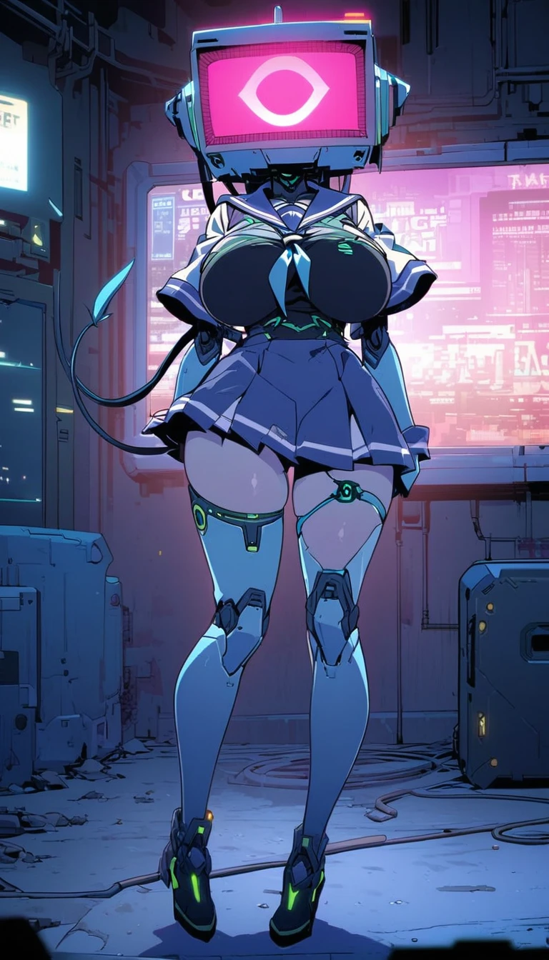 TV screen head robot girl high school sailor uniform big breasts Wire plug tail sci-fi city full-body shot