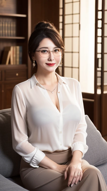 ((photograph))、((real photo))、mature adult woman、High resolution、((highest quality,8k,masterpiece))、((Full body shot 0.85)) facial portrait, gentle smile、 ((pale lipstick)), sensual, ((Very big breasts 2.3))Medium Hair, black hair, tied her hair in a bun, formal wear, ((white blouse)), gray tight skirt, Glasses, chubby woman,living room at home、