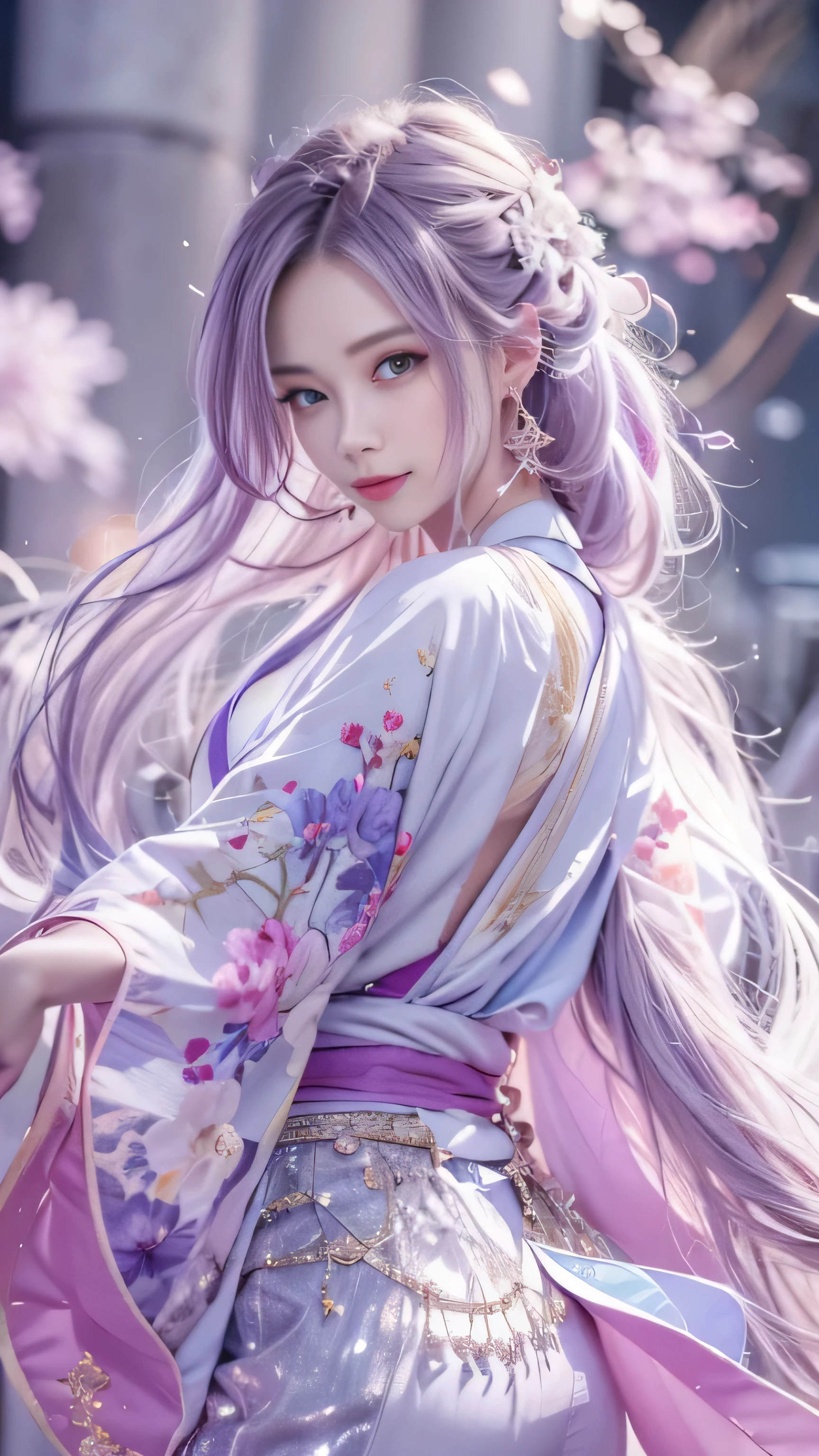 ((logo, masterpiece, 8K, table top, Raw photo, wonderful, 最high quality, Photorealistic and hvery detailed CG integrated 8K wallpaper, high quality, very detailed, Narrative poem, particle effects, dynamic effects, Depth of written boundary, cinematic light, Lens flare, ray tracing, anatomically accurate)), fantasy, 1 beautiful woman, ((lilac hair)), clear eyes, long hair, beautiful face, real face, Dense and beautiful eyes, beautiful skin, ((dancing woman, Gracefully dancing woman, Dancing woman in a snowy landscape, Violently dancing woman)), ((long hairが風でなびく, long hairが跳ねる, long hairが風で踊る)), hair bounces, jewelry, beautiful eyes, Translucent white kimono, white obi, White cherry blossom embroidery pattern, silver earrings,, hair color is light purple、(milky way galaxy)、