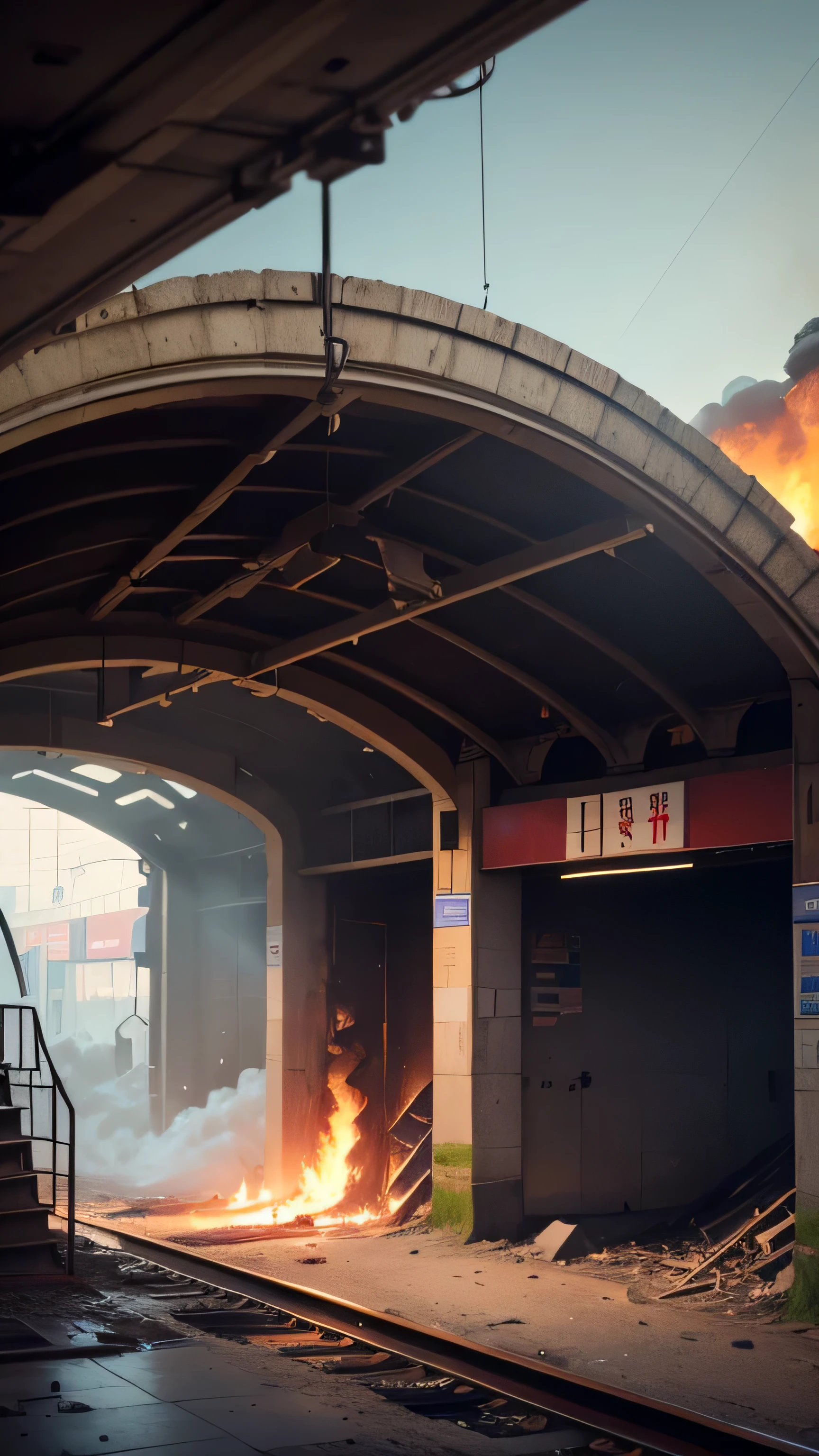 underground station is on fire, broken, destroyed, fire, explosion, smoke, 8k
