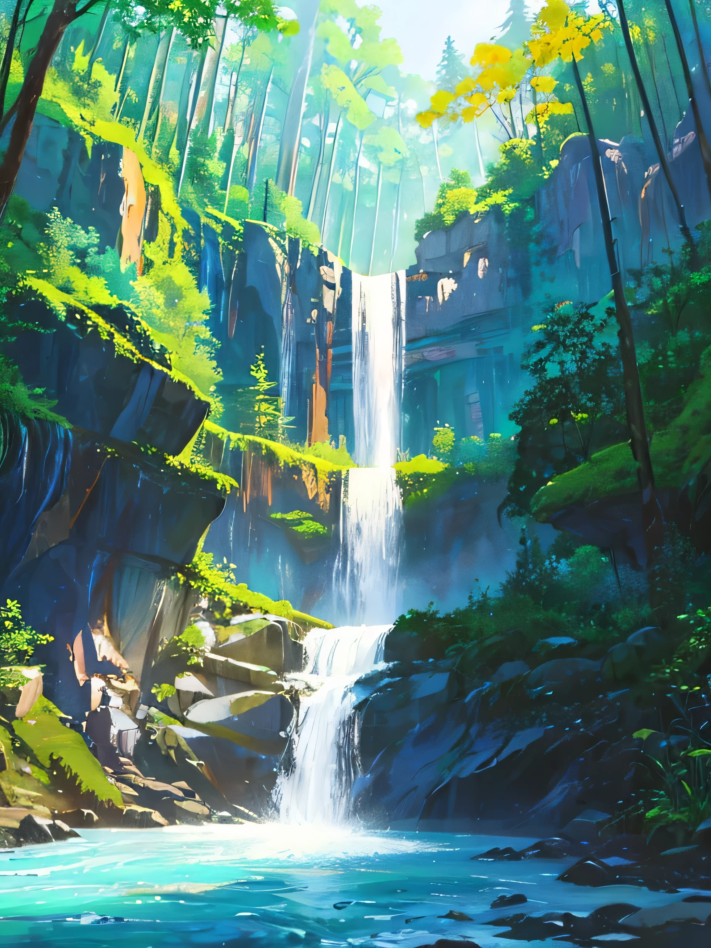 Painting of a waterfall with a rainbow in the middle of it, rainbow river waterfall, with trees and waterfalls, ethereal rainbows, forest and waterfall, just one rainbow 8 k, rainbow, beautiful digital painting, cascading iridescent waterfalls, fantasy painterly style, stunning digital painting, with waterfalls and river, magical forest backround, an endless waterfall, wash technique, colorful, a painting with dripping and scattered paint, Soft Illumination, high quality, master piece
