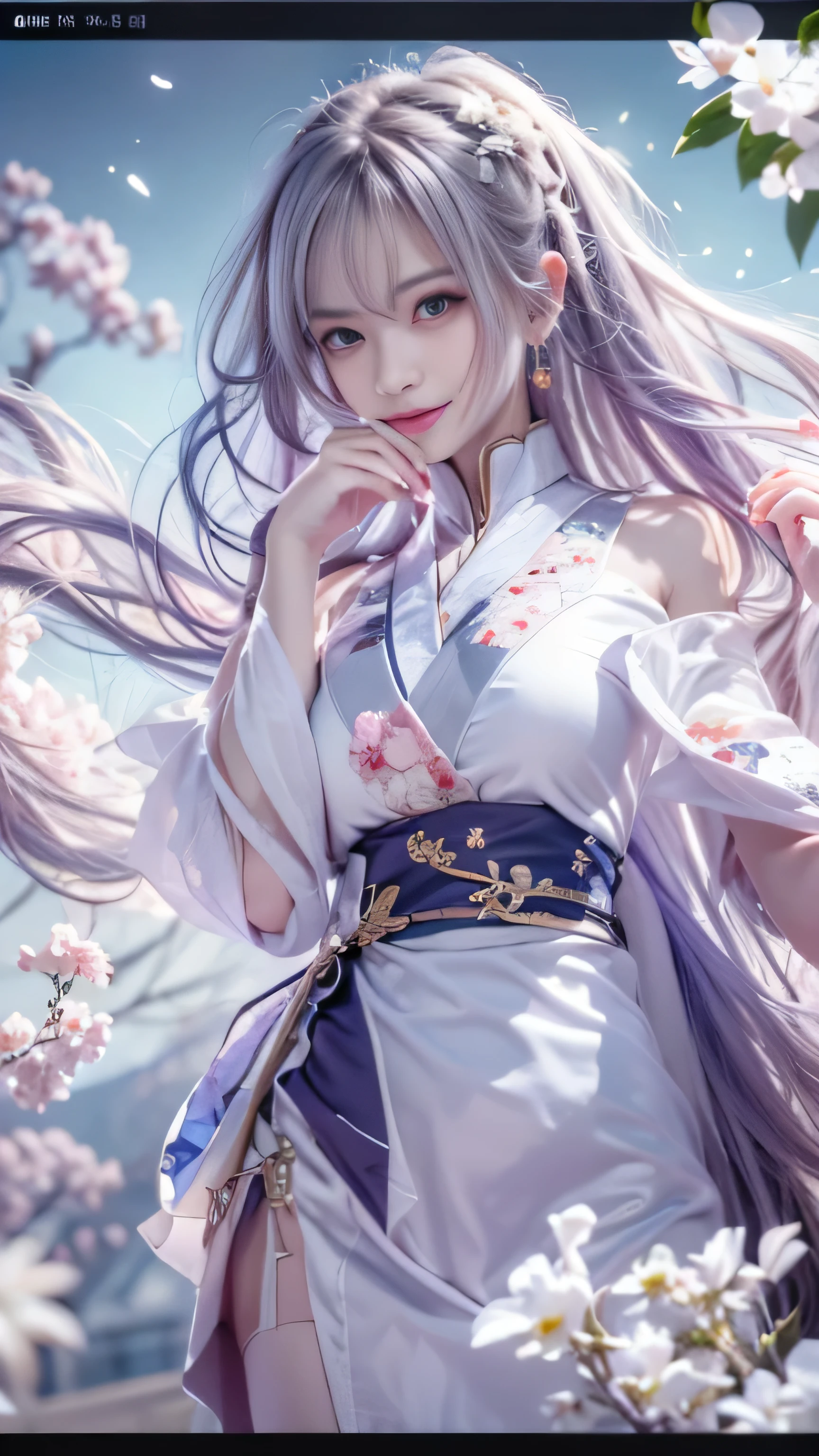 ((logo, masterpiece, 8K, table top, Raw photo, wonderful, 最high quality, Photorealistic and hvery detailed CG integrated 8K wallpaper, high quality, very detailed, Narrative poem, particle effects, dynamic effects, Depth of written boundary, cinematic light, Lens flare, ray tracing, anatomically accurate)), fantasy, 1 beautiful woman, ((lilac hair)), clear eyes, long hair, beautiful face, real face, Dense and beautiful eyes, beautiful skin, ((dancing woman, Gracefully dancing woman, Dancing woman in a snowy landscape, Violently dancing woman)), ((long hairが風でなびく, long hairが跳ねる, long hairが風で踊る)), hair bounces, jewelry, beautiful eyes, Translucent white kimono, white obi, White cherry blossom embroidery pattern, silver earrings,, hair color is light purple、（milky way galaxy）、