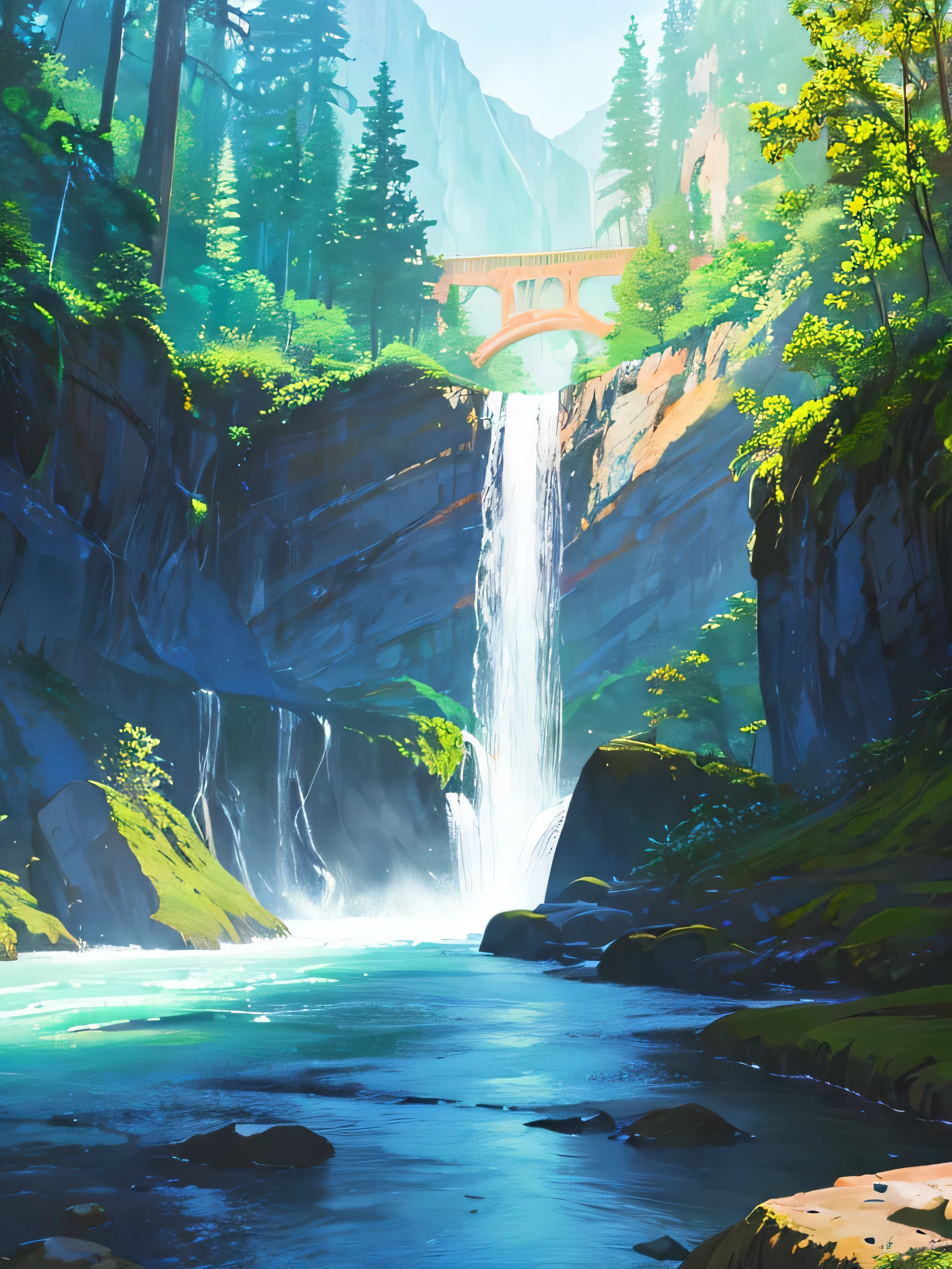 Painting of a waterfall with a rainbow in the middle of it, rainbow river waterfall, with trees and waterfalls, ethereal rainbows, forest and waterfall, just one rainbow 8 k, rainbow, beautiful digital painting, cascading iridescent waterfalls, fantasy painterly style, stunning digital painting, with waterfalls and river, magical forest backround, an endless waterfall, wash technique, colorful, a painting with dripping and scattered paint, Soft Illumination, high quality, master piece
