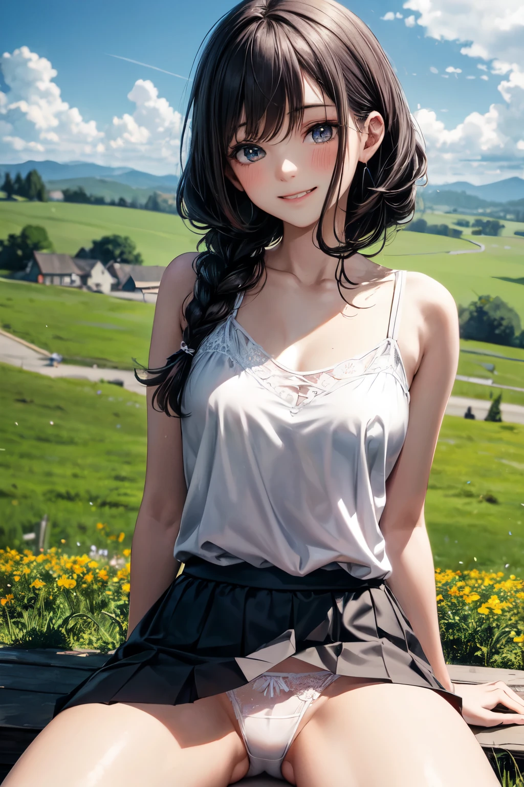 very cute and beautiful girl,(highly detailed beautiful face),white camisole,sitting,spread legs,(laced white panties) BREAK (smile:1.2),happy,looking at viewer,(pleated blue mini skirt:1.15), countryside,grassland,hilltop,tiny colorful flowers,wooden fence,detailed landscape,black hair,twin braid, (best quality,masterpiece:1.0),absurdres,highres,ultra-detailed,extremely detailed,32k,8k resolution, intricate details,cinematic scene,detailed background,solo,dynamic angle,beautiful detailed sky,