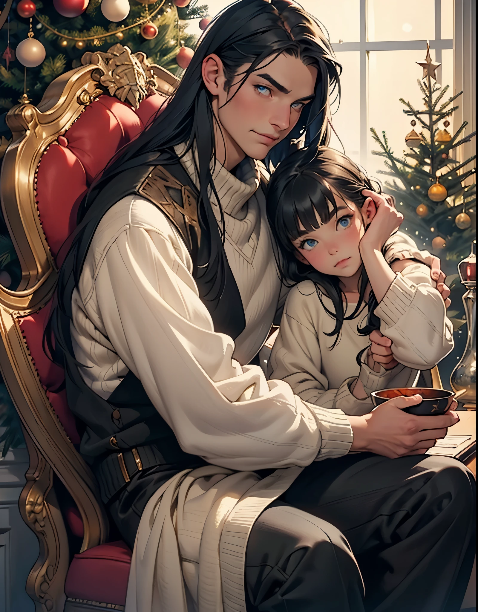 realism, picture, Fantastic tale, Christmas style, John Tolkien style, Small painting by Jean-Baptiste Monge, Rocker owl hugs rocker swallow, soft facial features, sitting in a chair with flowing black hair , Straight hair , near the Christmas tree, soft facial features, Wearing trousers, Wearing a sweater, With light makeup, dark pink lips, lip shape"pearl" ,"curved eyebrows in the shape of Engriberts, Blue eyes, heavy-lidded eye shape, human hand, Human hand, very clear without flaws with five fingers,Черные длинные Straight hair ,, In a short red sweater, in black trousers,mischievous character, a fireplace, Christmas tree, present, Jean-Baptiste Monge, anthropomorphic --ar 2:3 --testp - optimistic; Straight hair